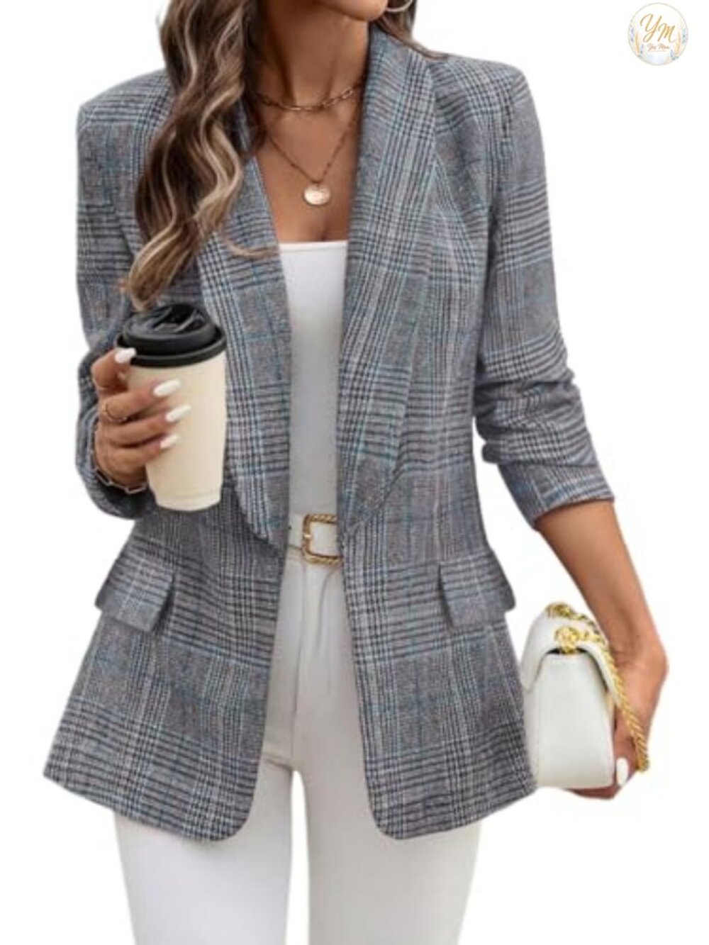 Women's Shawl Collar Plaid Blazer Business Casual Office